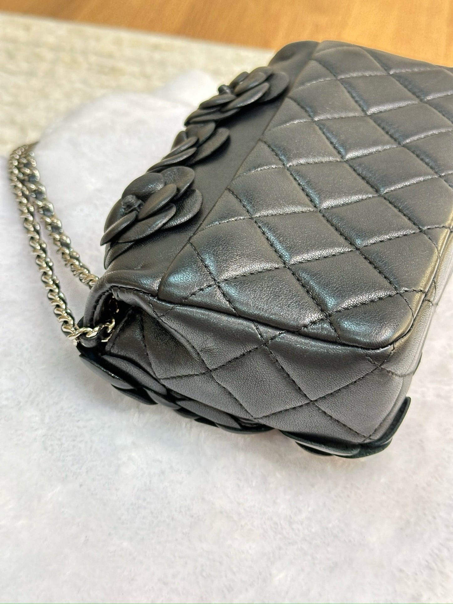 Chanel Mini Limited Edition Black Camellia Lambskin Flap Bag