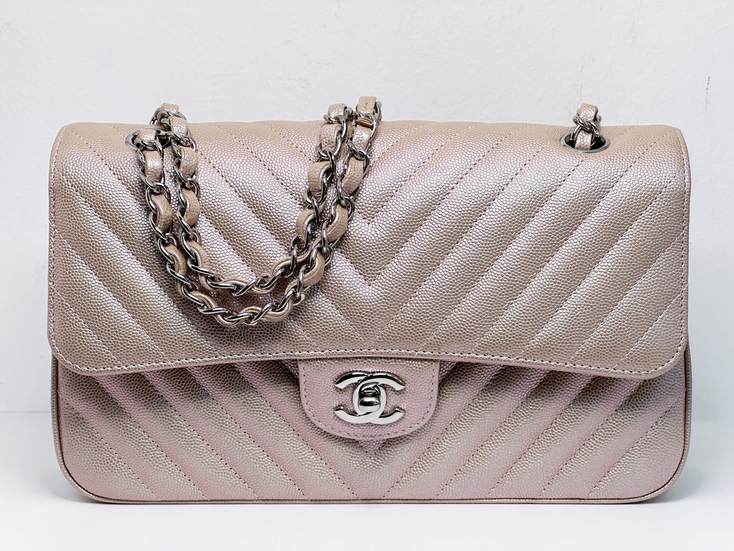 Chanel Medium Classic Chevron Caviar Double Flap Rose Gold SHW 24769 holo card