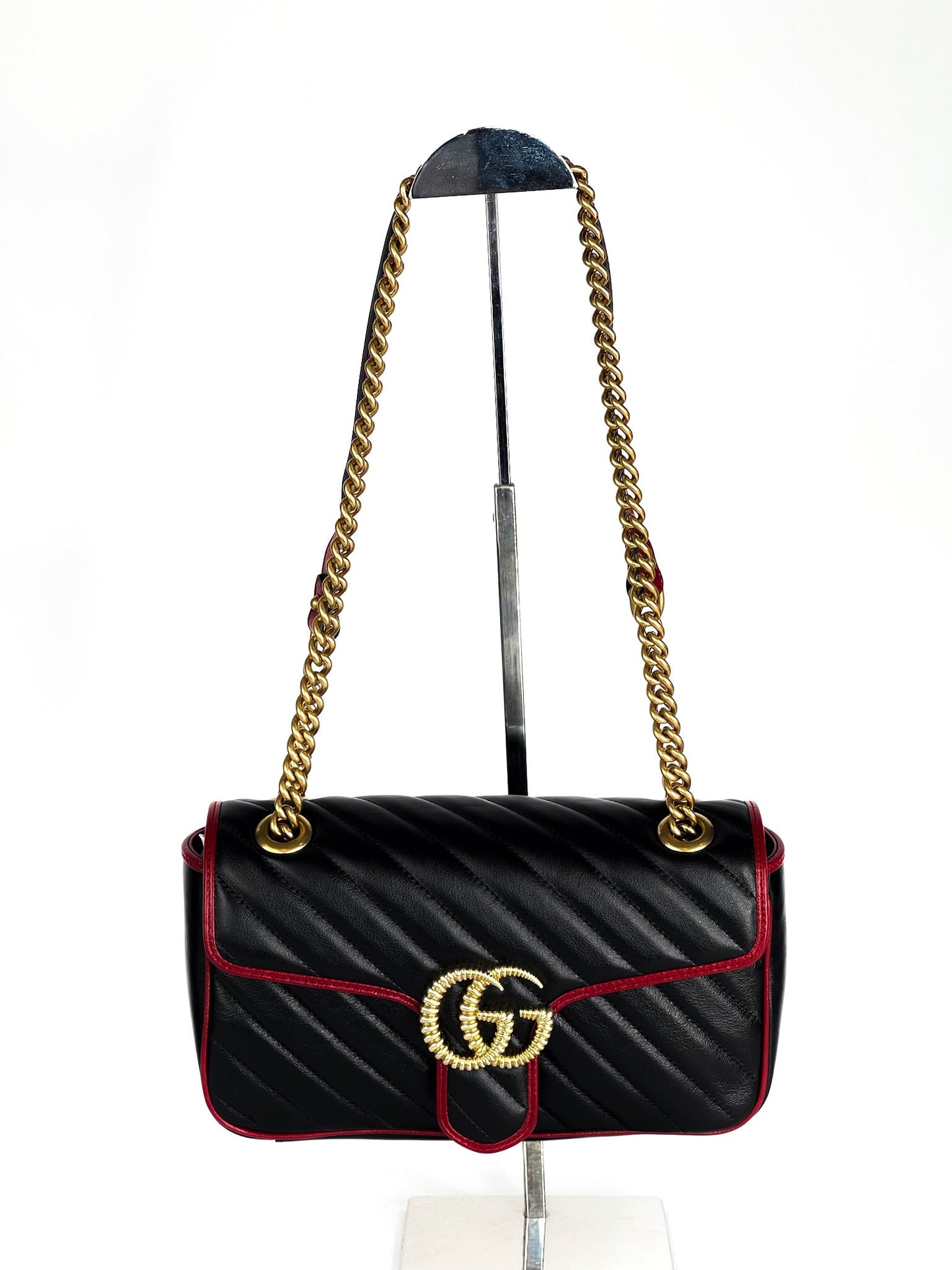 Gucci Calfskin Matelasse Diagonal Small Torchon GG Marmont Shoulder Bag Black Romantic Cherry