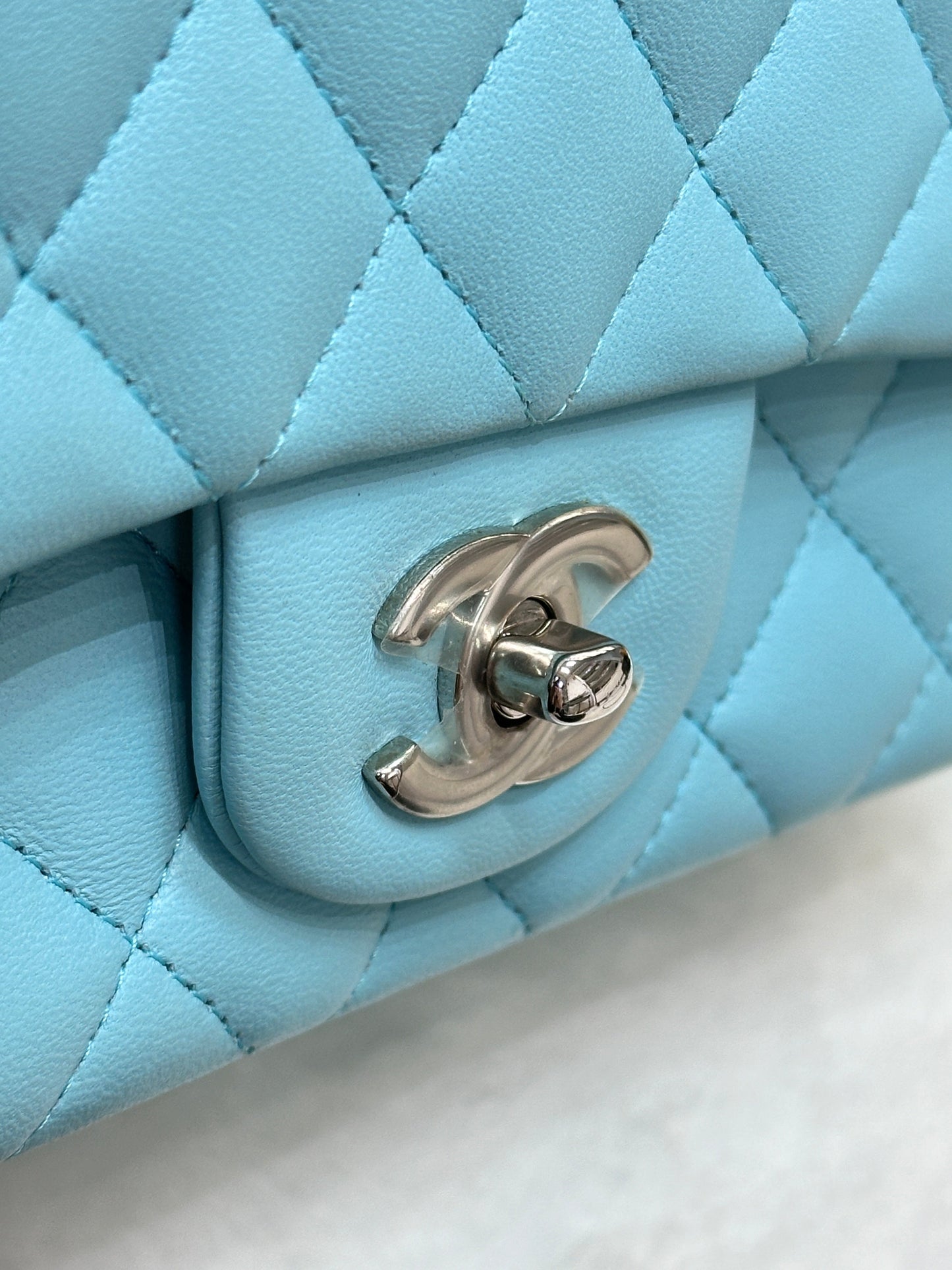 CHANEL 19C Tiffany Lambskin Quilted Mini Rectangular Flap Neon Blue
