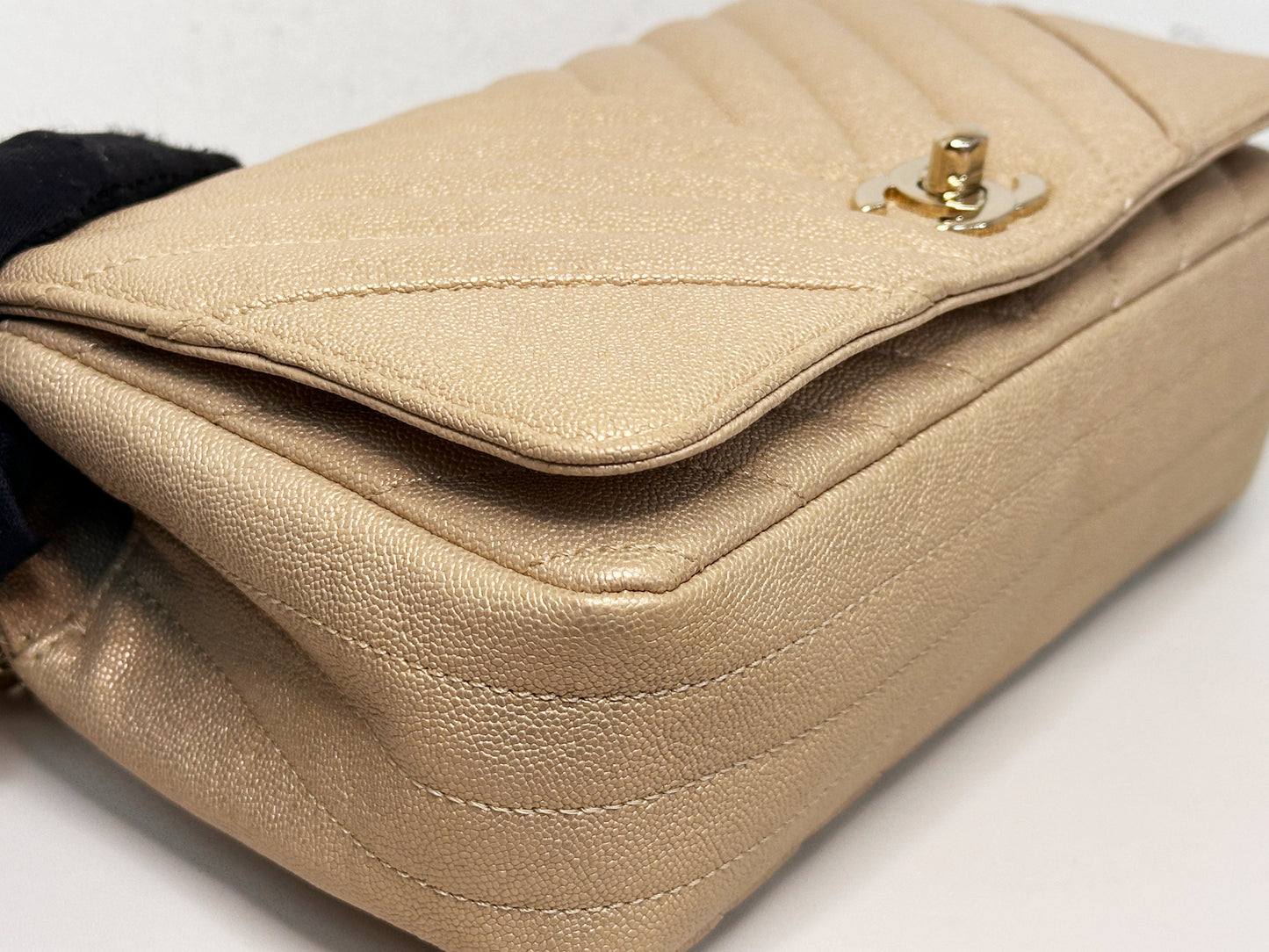 Chanel Mini Statement Metallic Caviar Chevron Quilted Flap Beige LGHW 2835 holo card