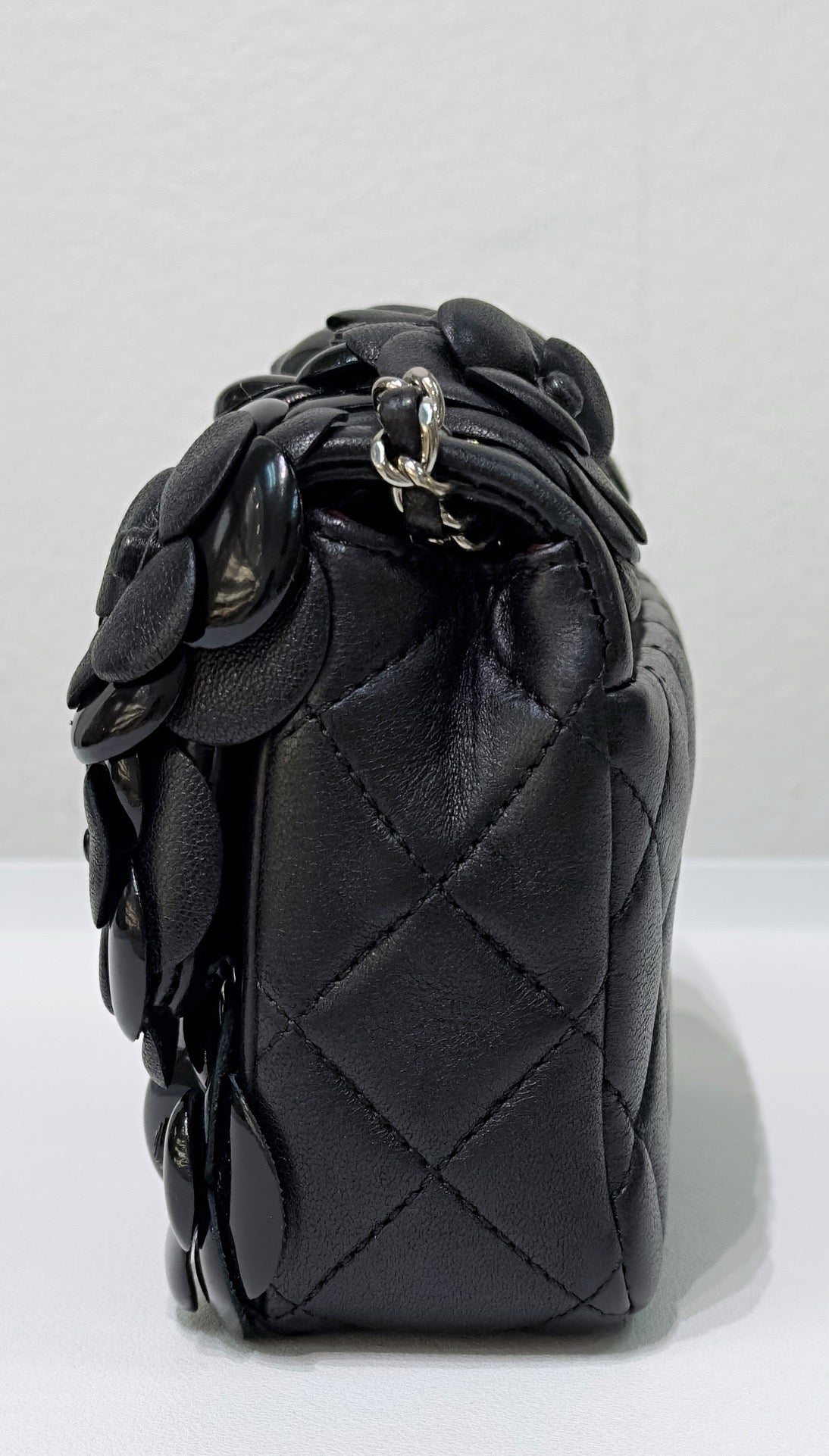 Chanel Mini Limited Edition Black Camellia Lambskin Flap Bag