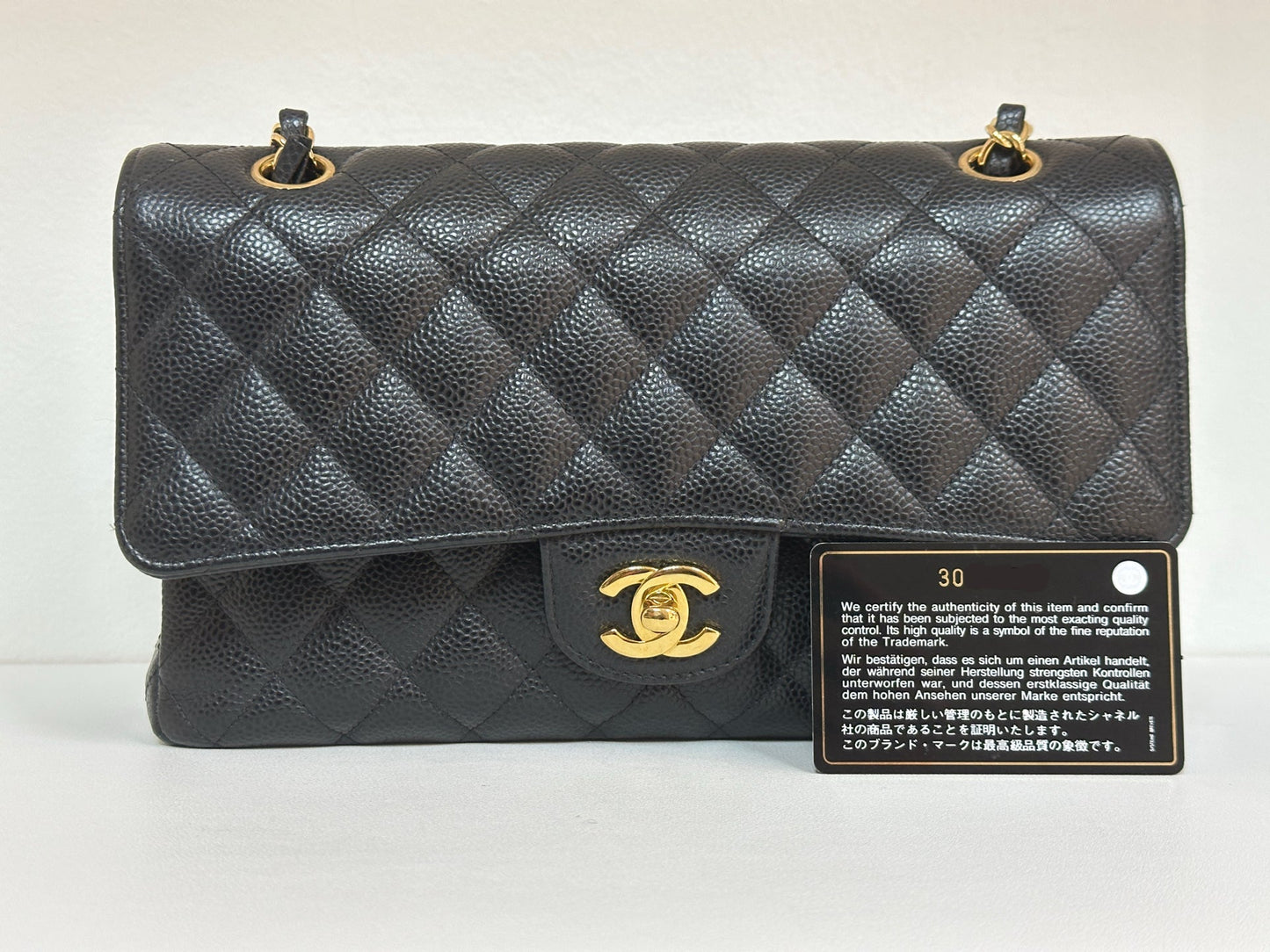 Chanel Medium Size Classic Quilted Caviar Double Flap Bag Black 3022 holo card
