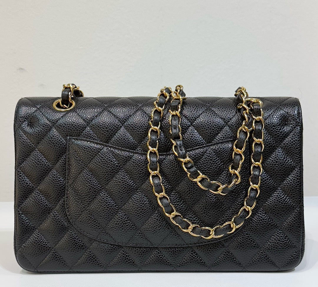 Chanel Medium Classic Quilted Caviar Double Flap Black GHW 2790 holo card