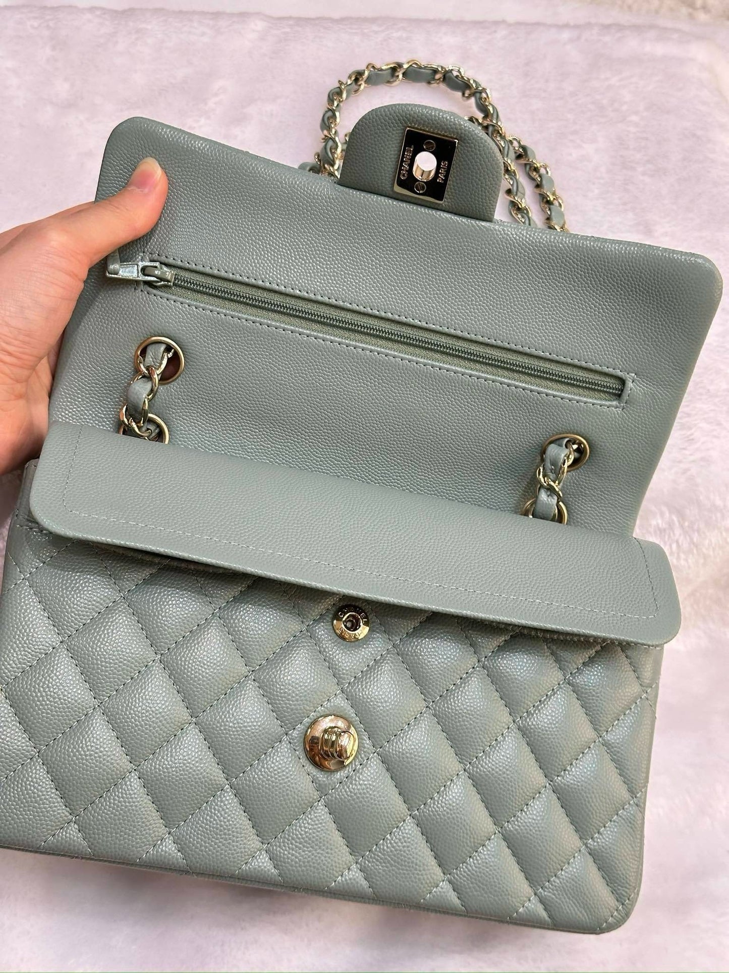 Chanel Small Caviar Quilted Double Flap Dark Green 22C