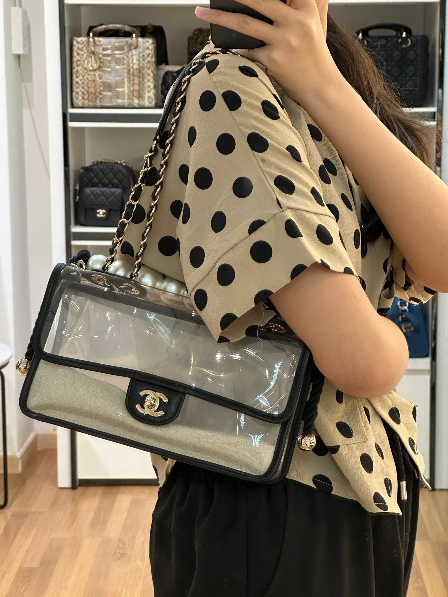 Chanel Medium Lambskin CoCo Sand PVC Sand By The Sea Flap With Pearl Strap Black 2745 holo card