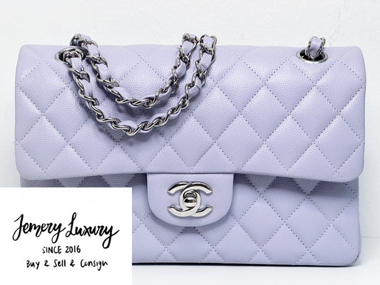 Chanel Small Caviar Quilted Double Flap Lavender 21K SHW UEAA microchip