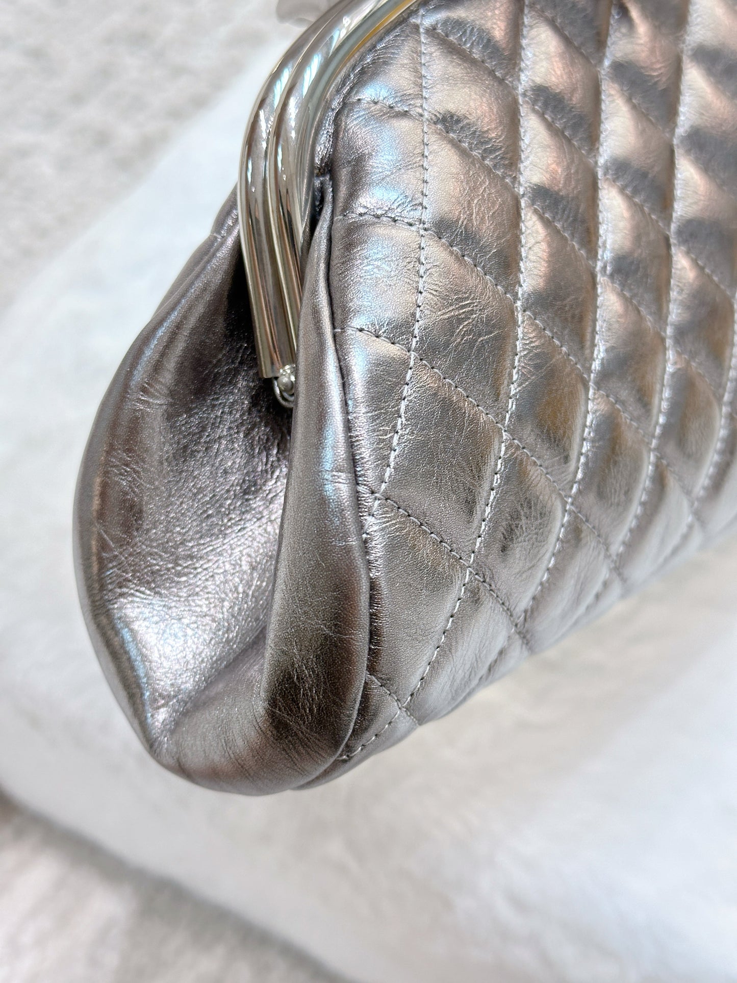 CHANEL Metallic Aged Calfskin Quilted Timeless Clutch Silver