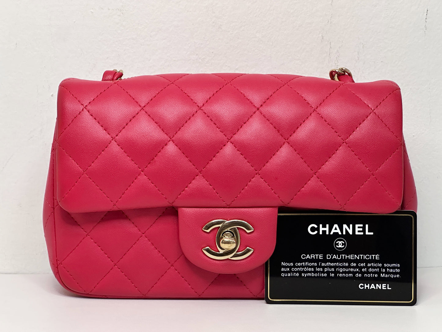CHANEL Lambskin Quilted Mini Rectangular Flap Red 2491 holo card