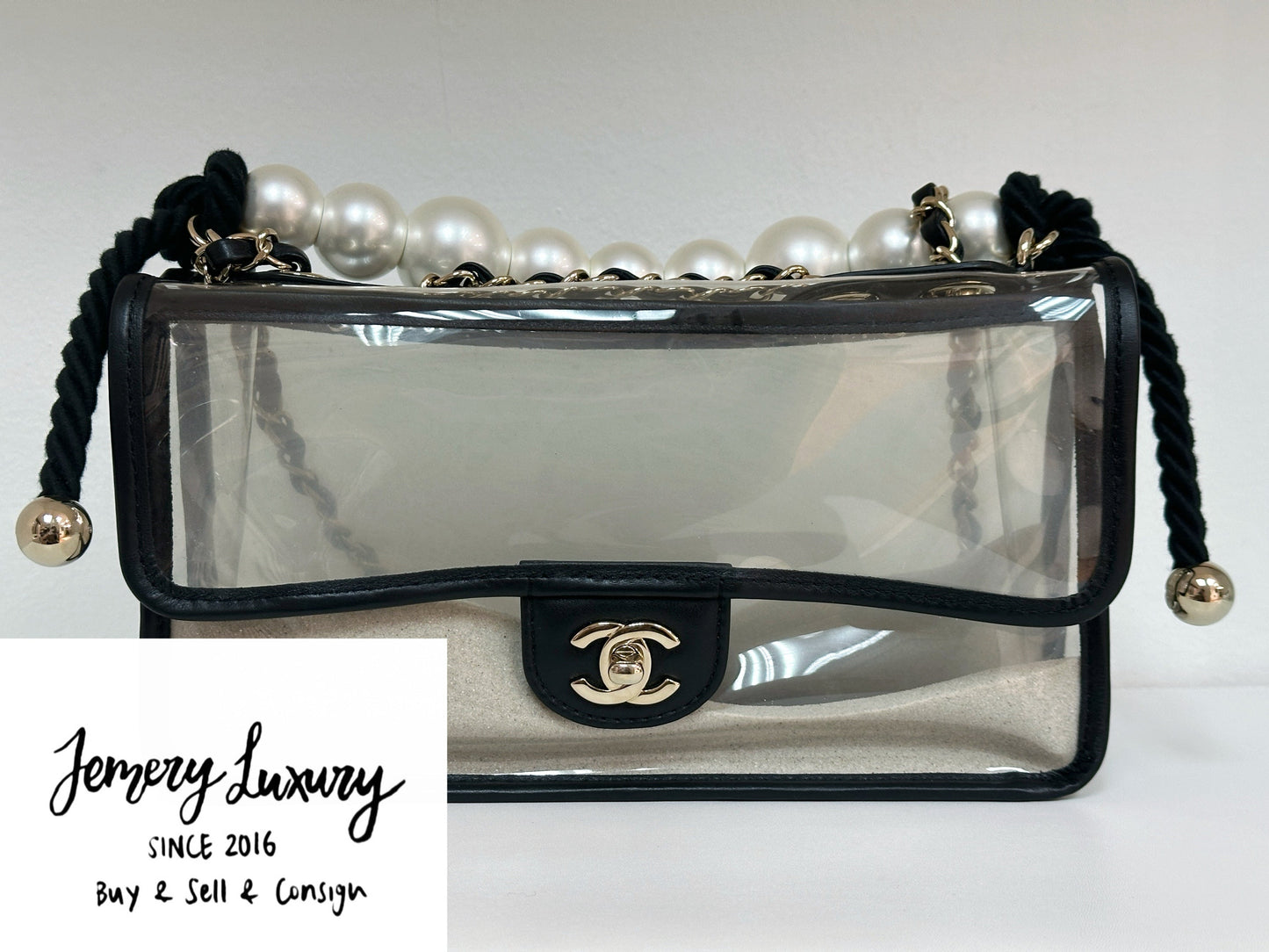 Chanel Medium Lambskin CoCo Sand PVC Sand By The Sea Flap With Pearl Strap Black 2745 holo card