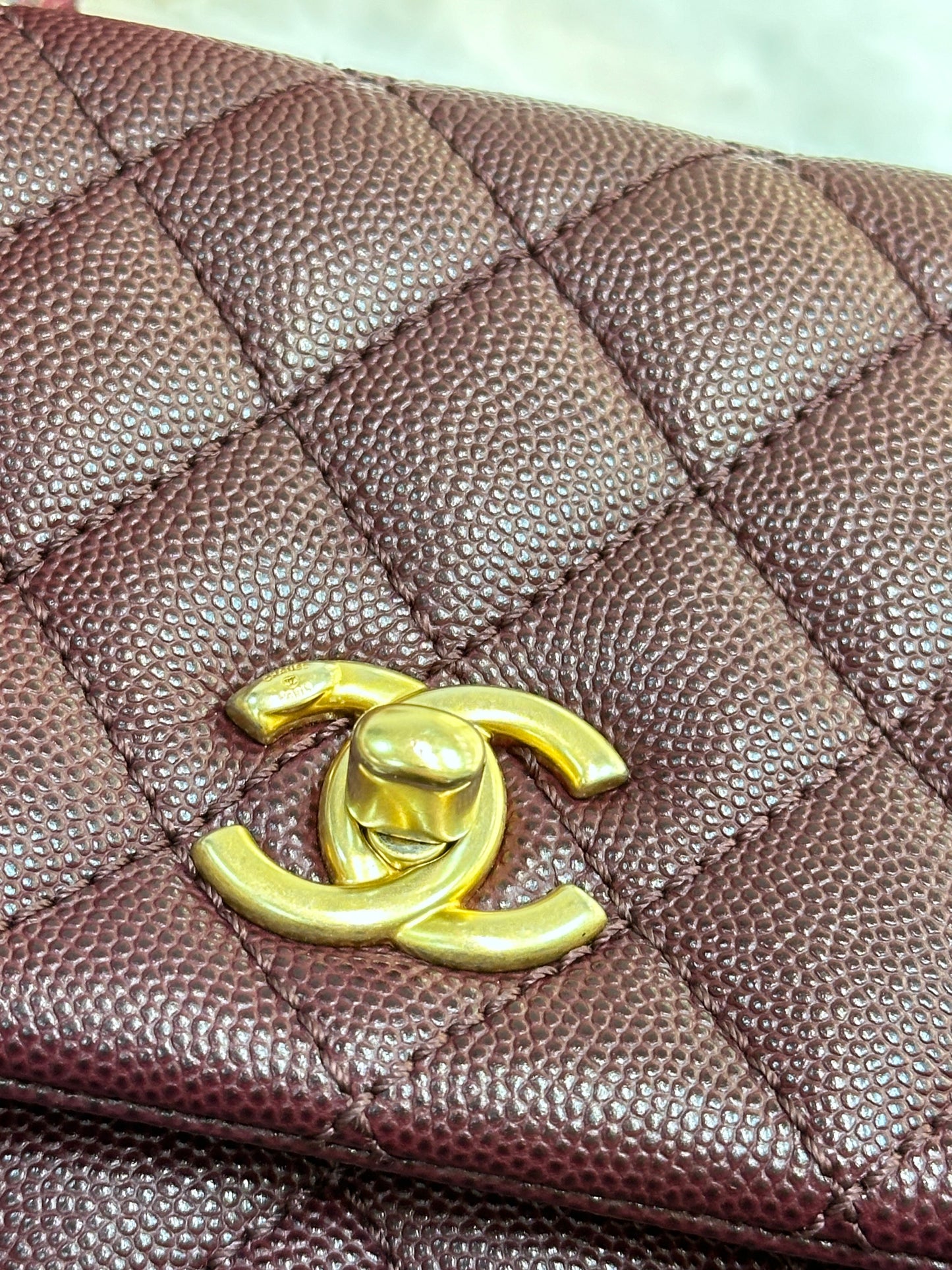 Chanel Small Coco Handle Elaphe Leather Handle Burgundy