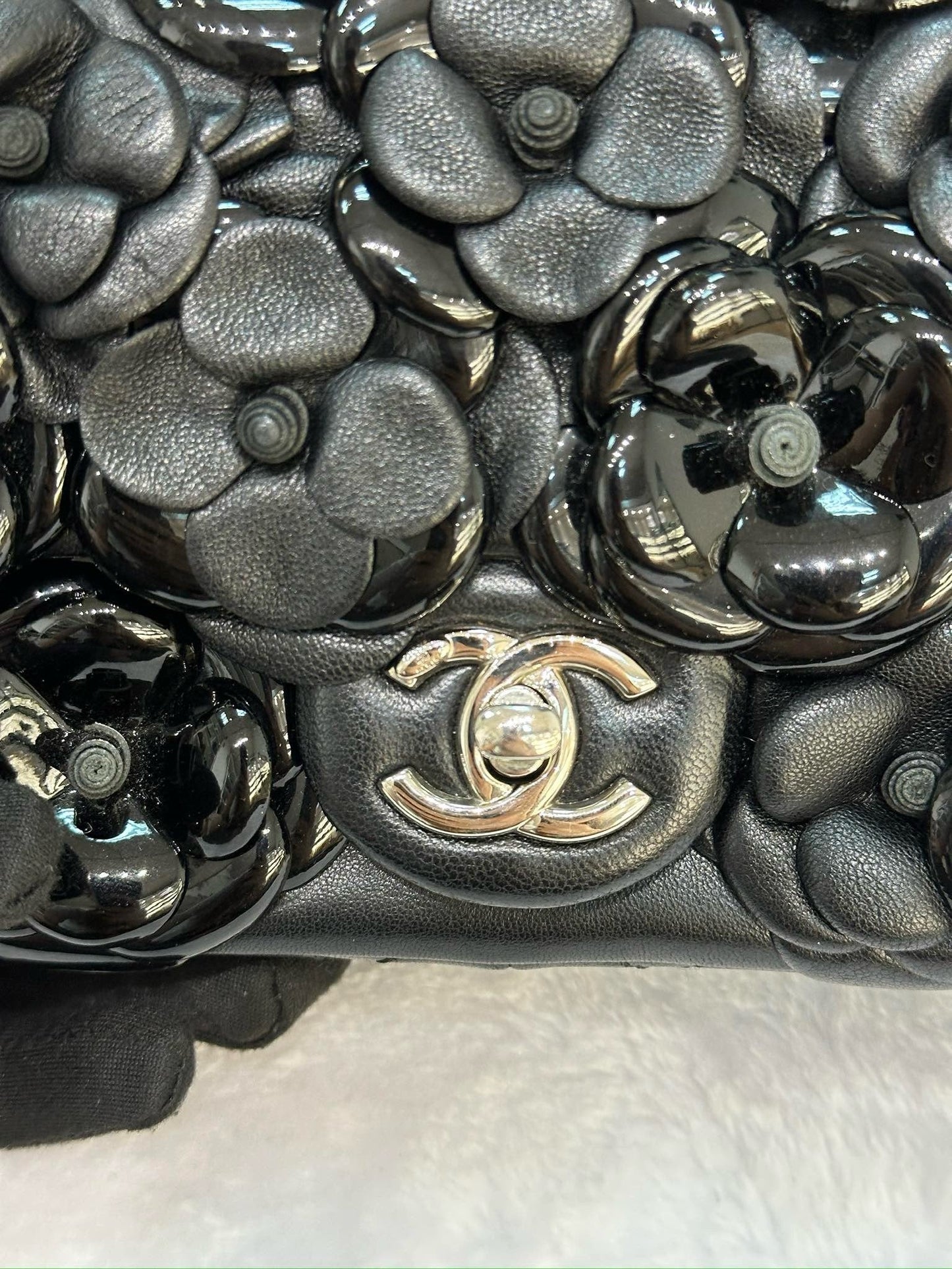 Chanel Mini Limited Edition Black Camellia Lambskin Flap Bag