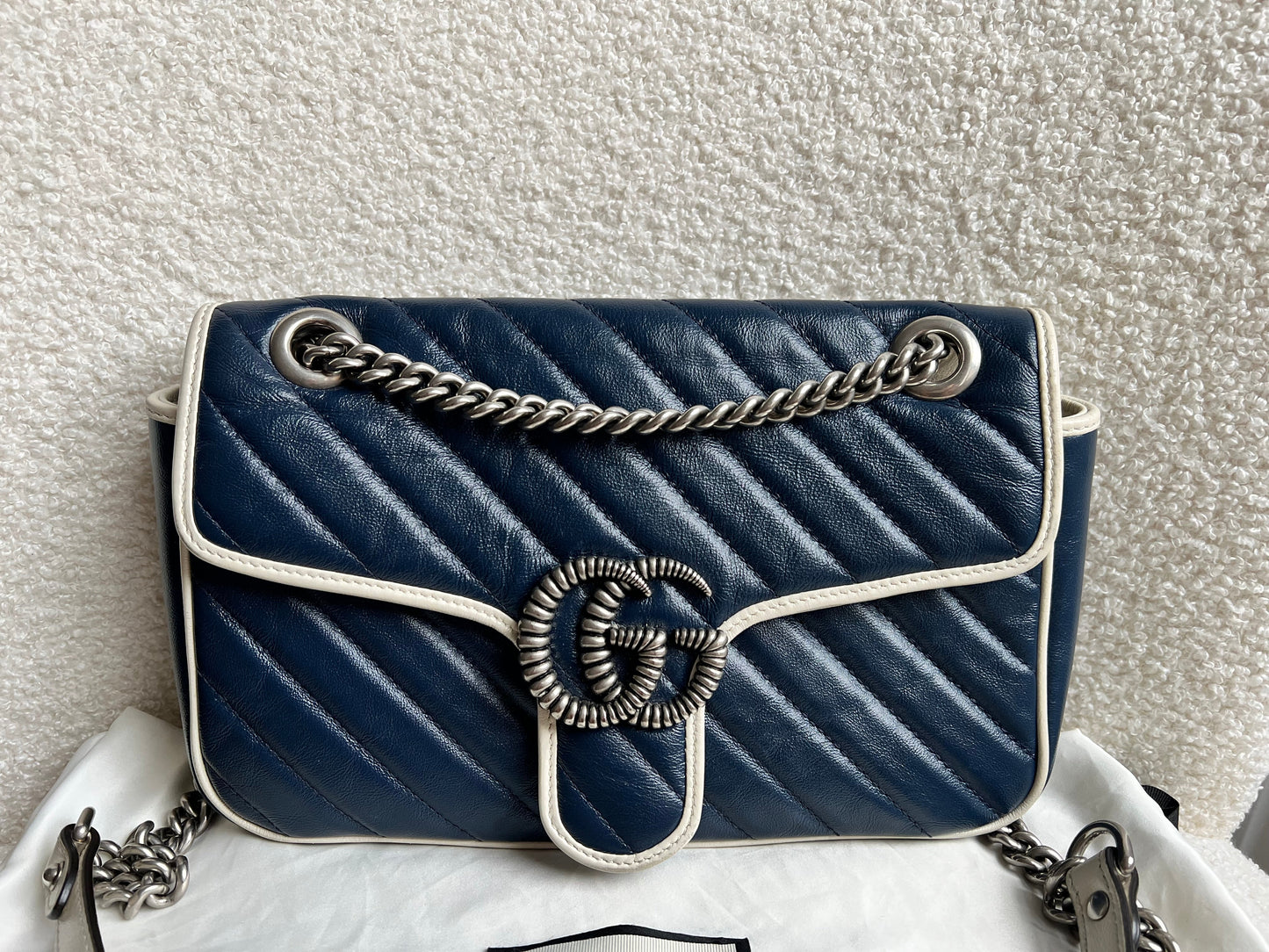 Gucci GG Navy and White Torchon Marmont Small Shoulder Bag