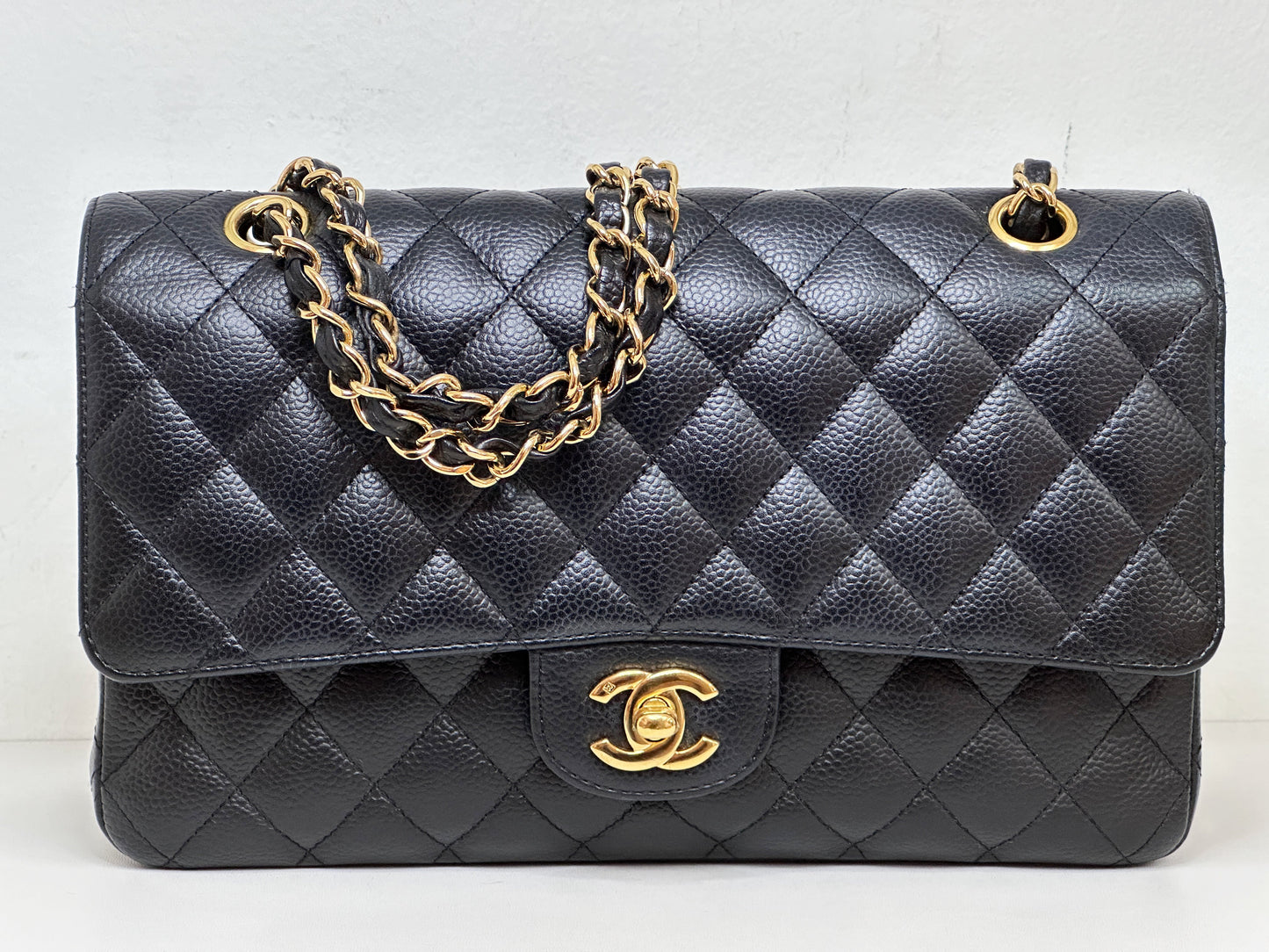 Chanel Medium Size Classic Quilted Caviar Double Flap Bag Black 1184 holo card