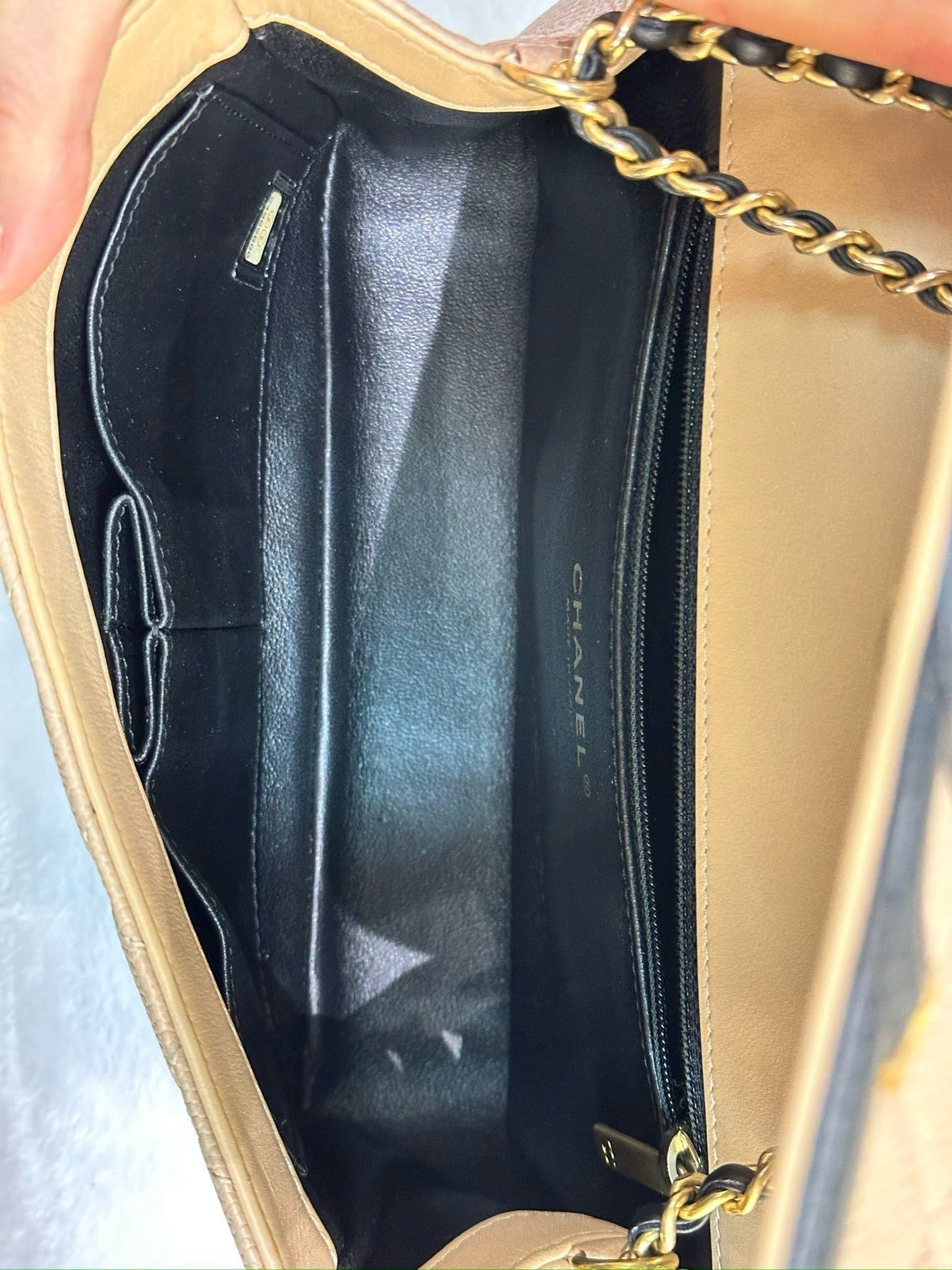 Chanel Small Caviar Quilted CC Filigree Flap Beige Black GHW