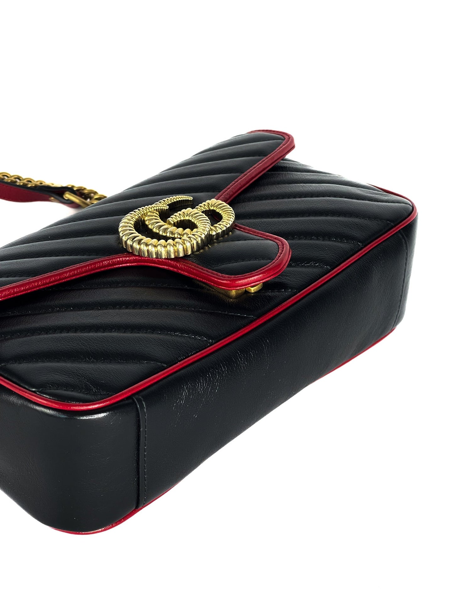 Gucci Calfskin Matelasse Diagonal Small Torchon GG Marmont Shoulder Bag Black Romantic Cherry