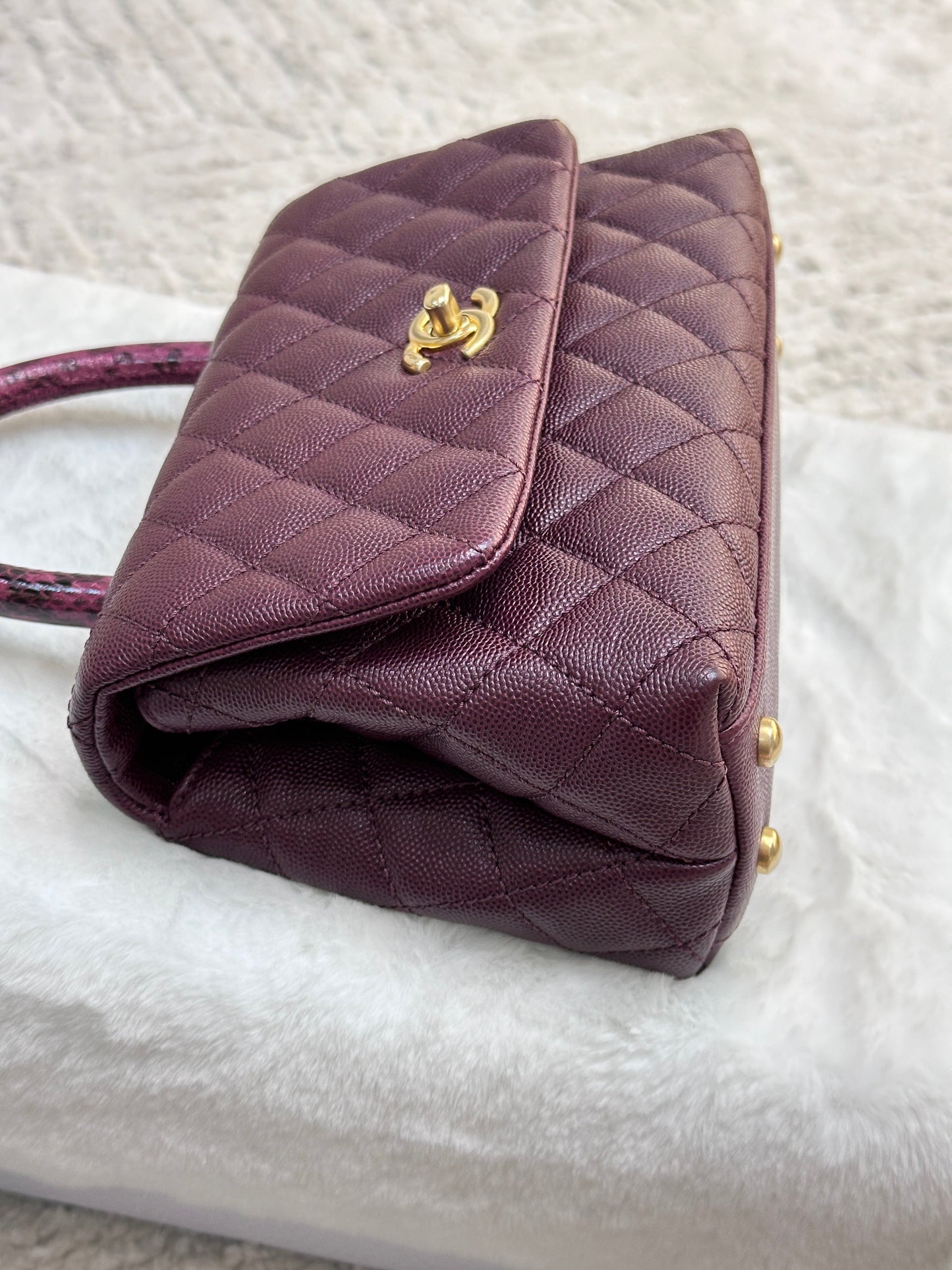 Chanel Small Coco Handle Elaphe Leather Handle Burgundy