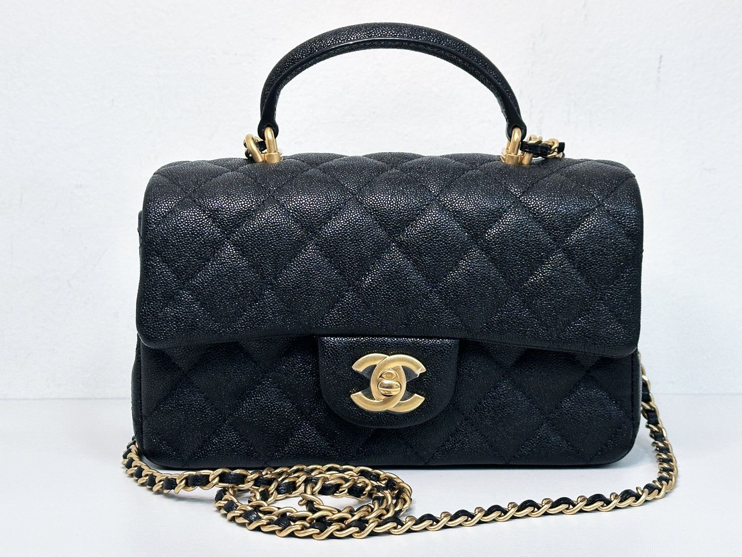 Chanel Mini Rectangular Top Handle Flap Bag Black Caviar GHW 3126 holo card