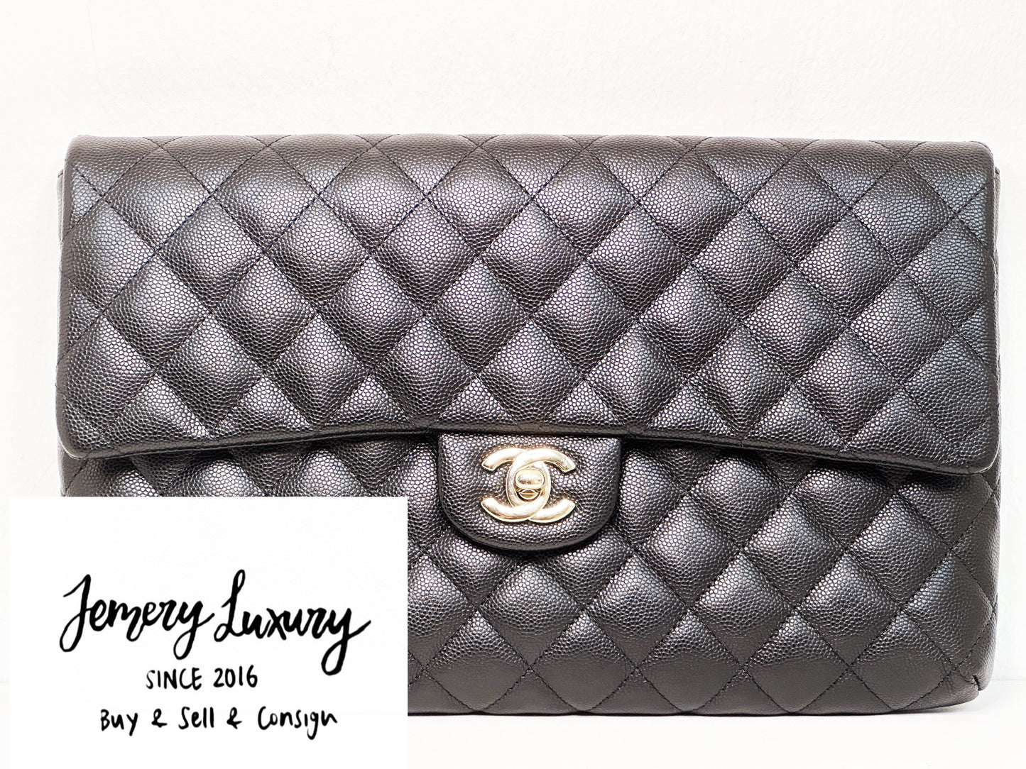 Chanel Quilted Caviar Classic Clutch GHW Black 2683 holo card