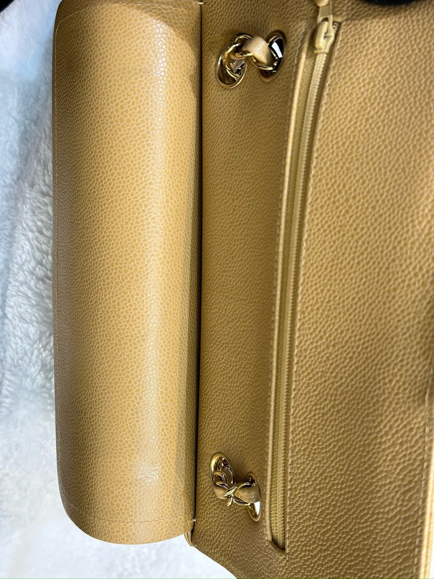 Chanel Medium Caviar Quilted Double Flap Beige Bag 866 Holo
