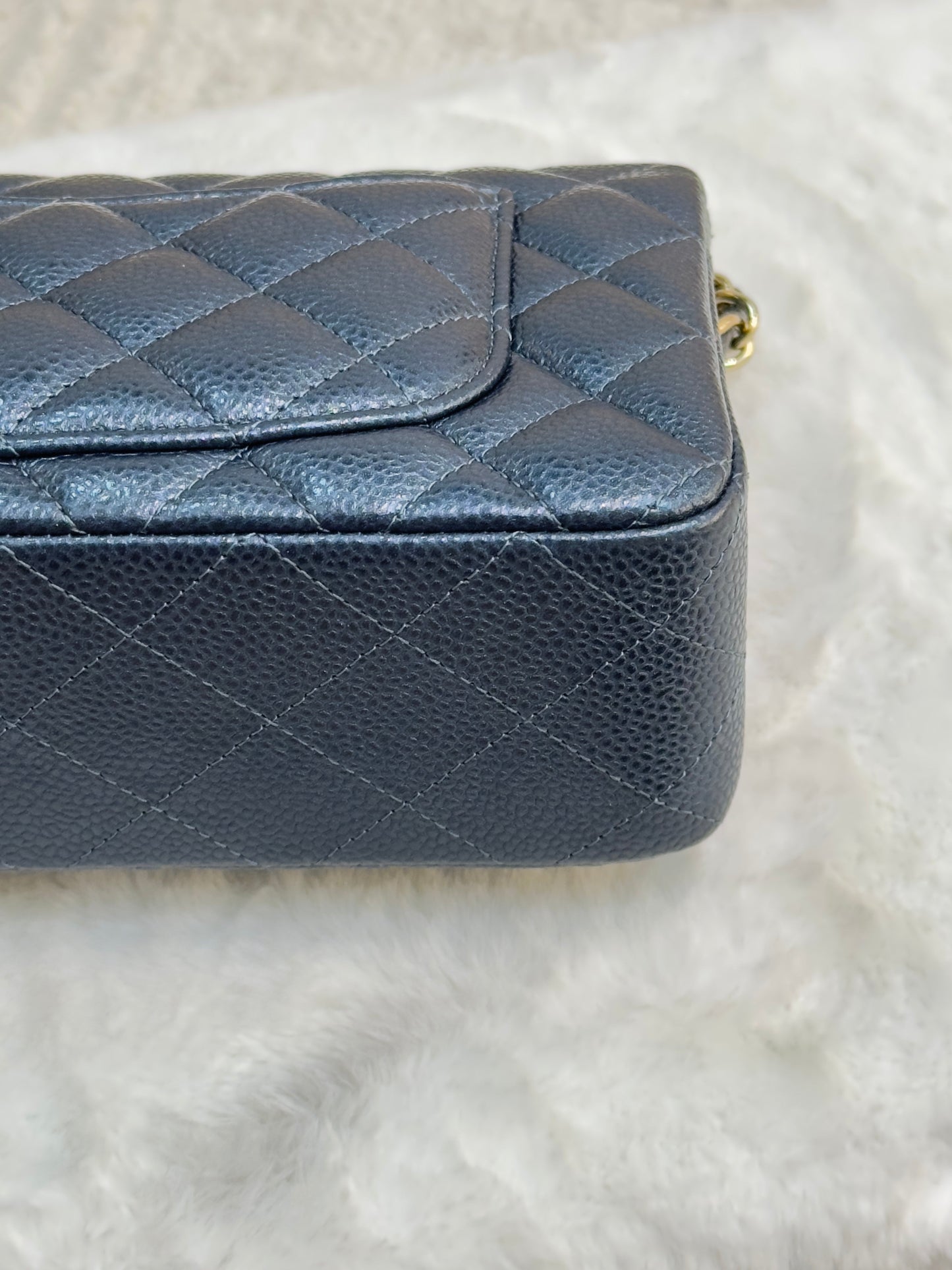 CHANEL Pearly Caviar Quilted Mini Rectangular Flap Navy Blue 18S