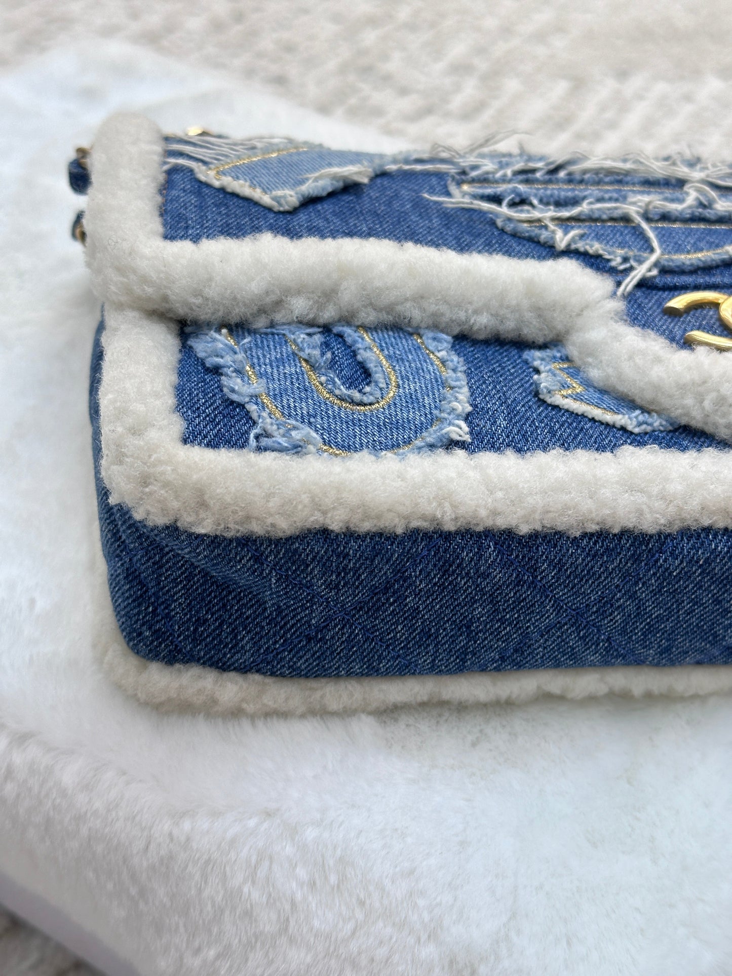 CHANEL Denim Shearling Hieroglyph Flap Blue