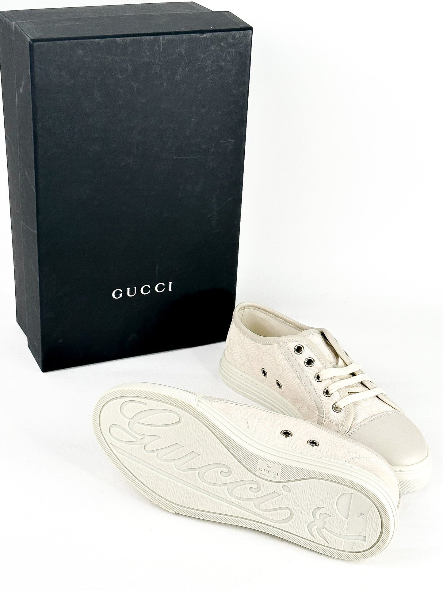 Gucci White/Grey GG Canvas and Leather Low Top Sneakers Size 36