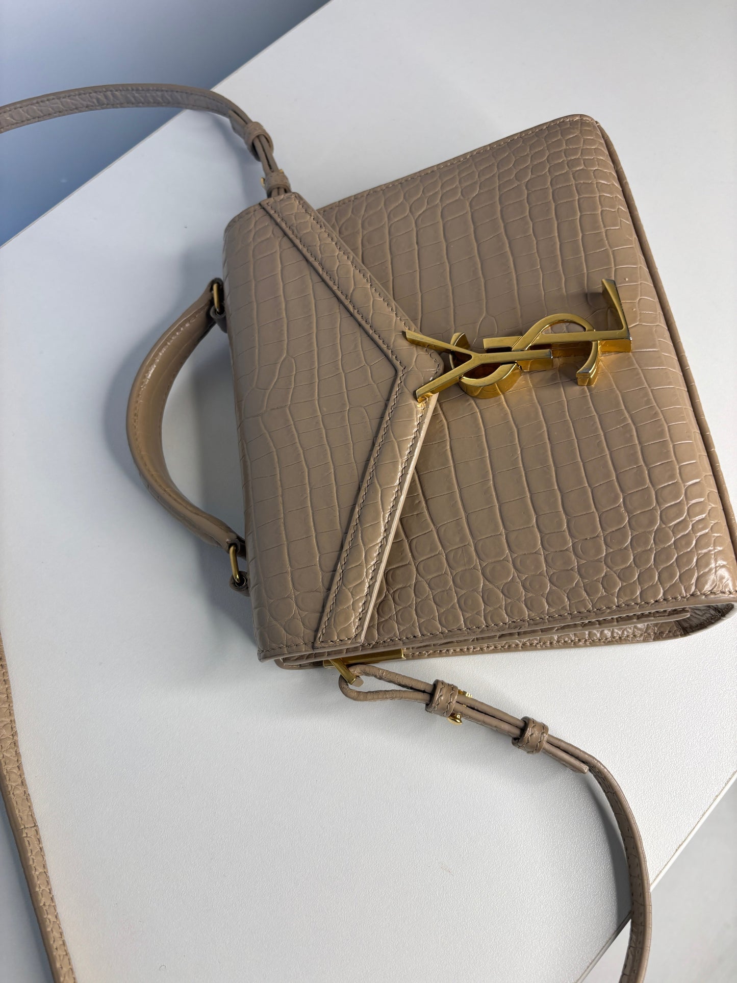 Saint Laurent YSL Crocodile Embossed Mini Classic Monogram Cassandra Nude Top Handle Bag