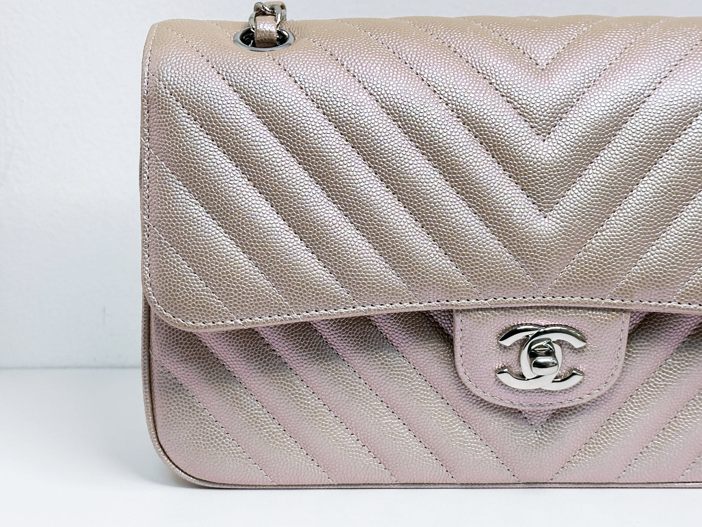 Chanel Medium Classic Chevron Caviar Double Flap Rose Gold SHW 24769 holo card