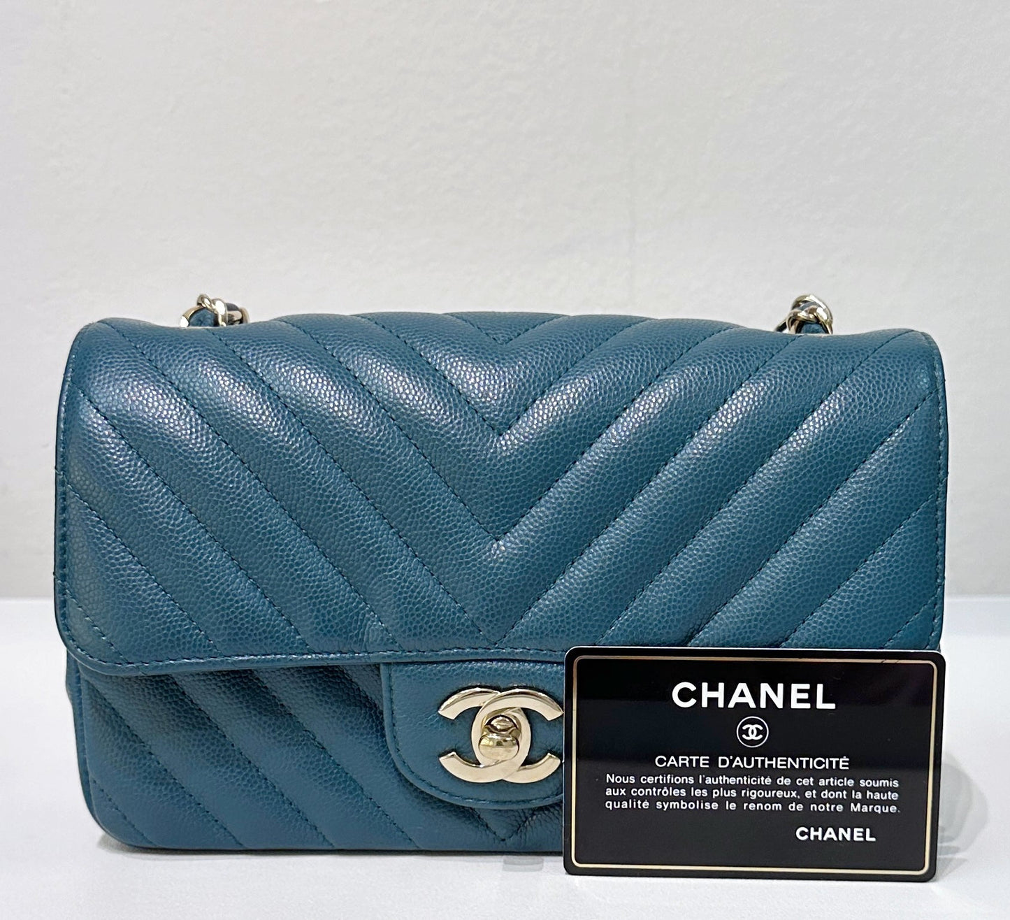 Chanel Mini Caviar Rectangular Chevron Turquoise Green GHW