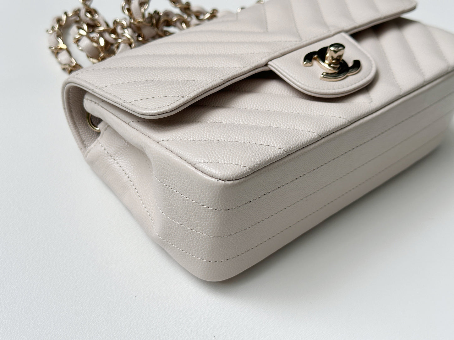 Chanel Mini Rectangle Chevron Blush Hue Light Beige Flap Bag LGHW 2644 holo card