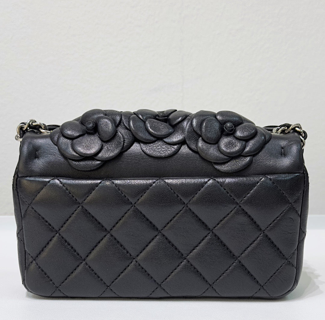 Chanel Mini Limited Edition Black Camellia Lambskin Flap Bag