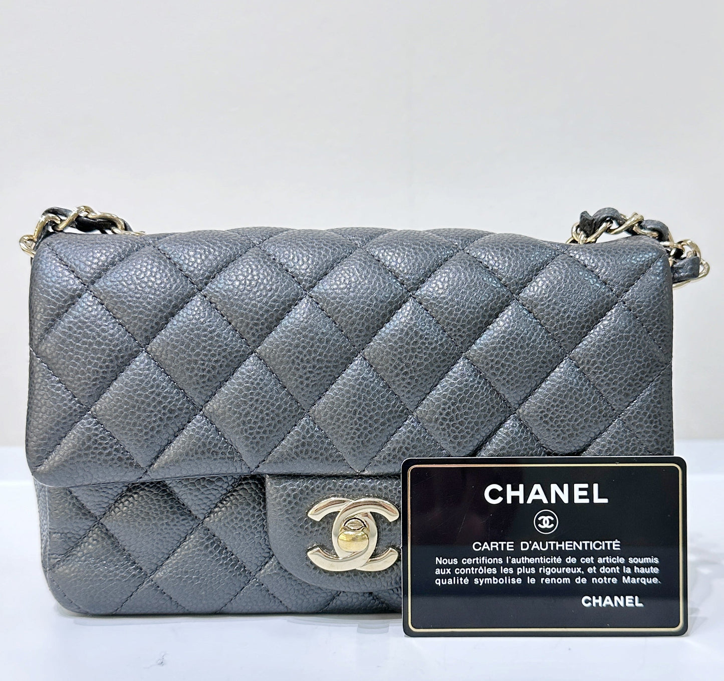 Chanel Classic Mini Rectangular 18S Dark Gray/Grey Quilted Caviar LGHW