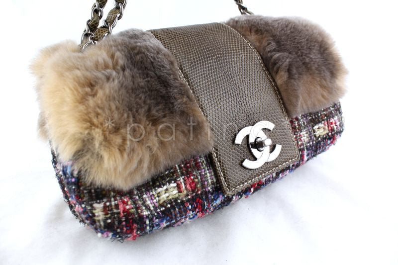 Chanel 10in. Lizard Chain Tweed Fur Vested Classic Flap Bag
