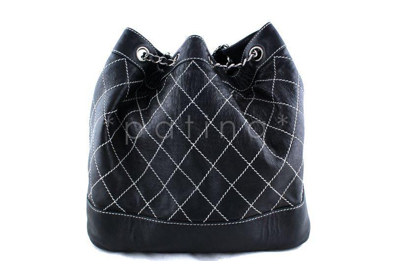 Chanel Drawstring Tote Bag Black Contrast Stitch Lambskin