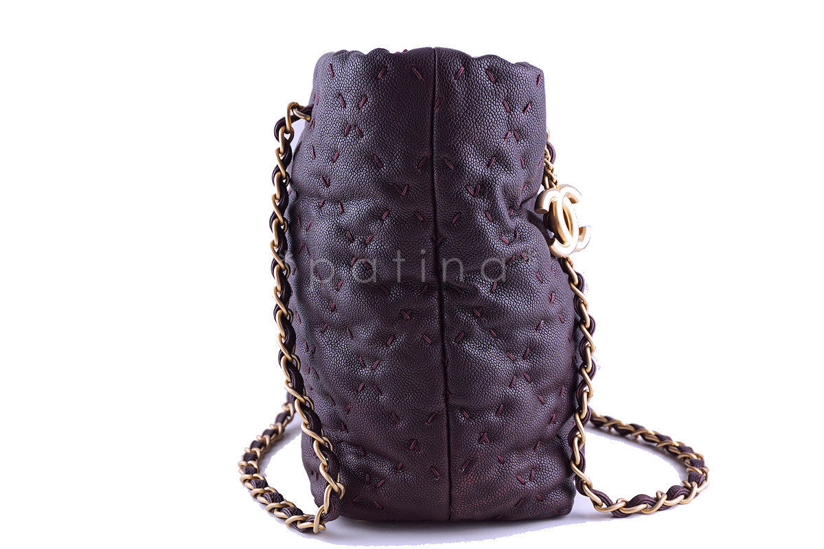 Chanel Plum Violet Quilted Caviar Brushed Gold Charm Tote Bag