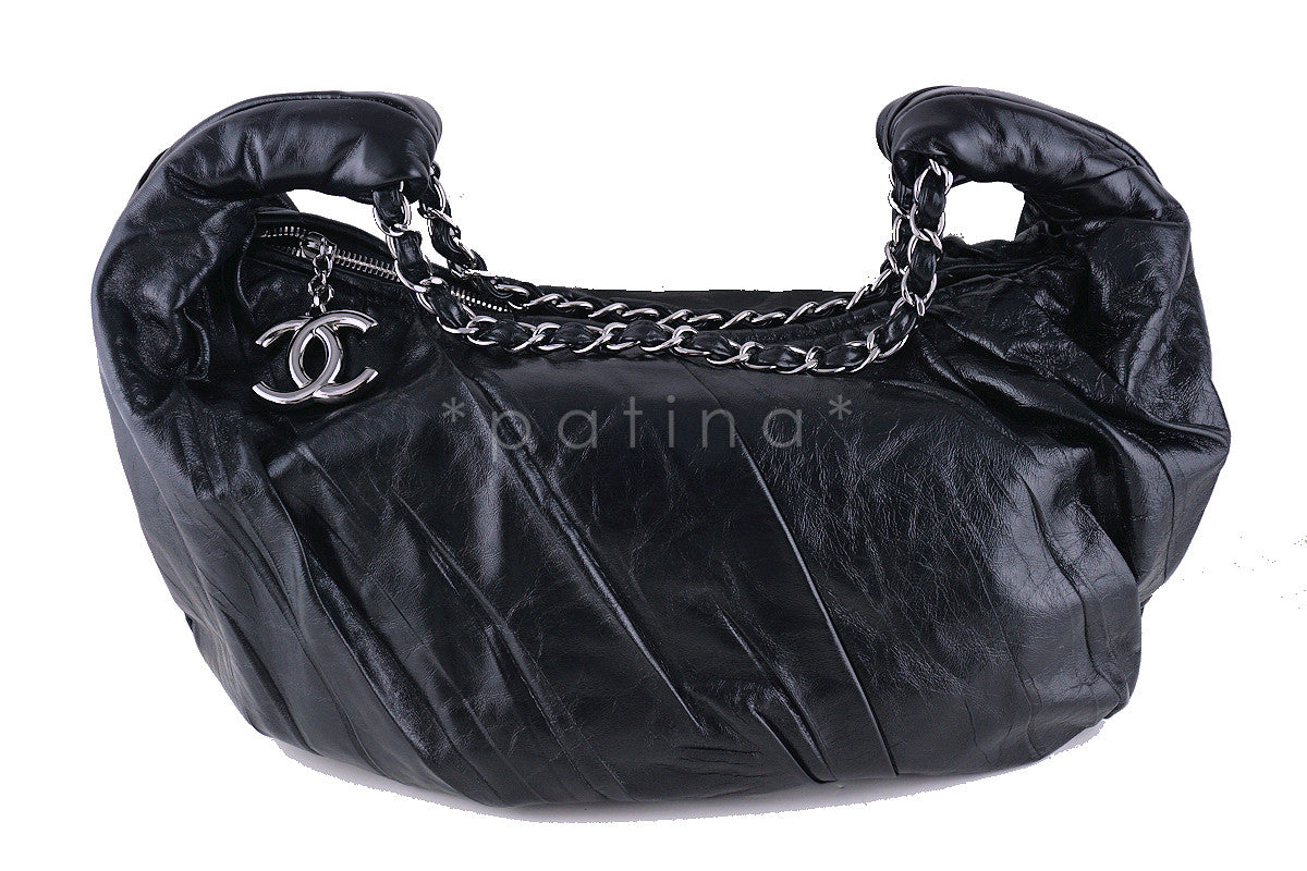 Chanel Black Ruched Luxury Hobo Tote Bag CC Charm