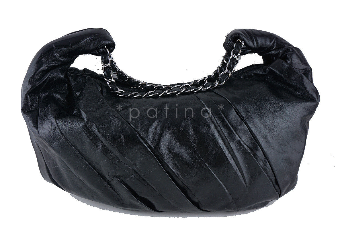 Chanel Black Ruched Luxury Hobo Tote Bag CC Charm