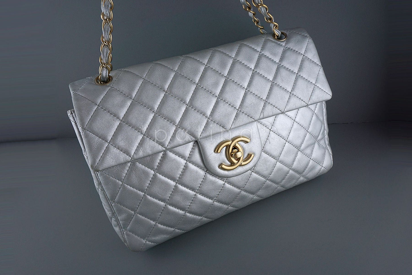 Chanel Silver 13in. Maxi Quilted Classic 2.55 Jumbo XL Flap Bag