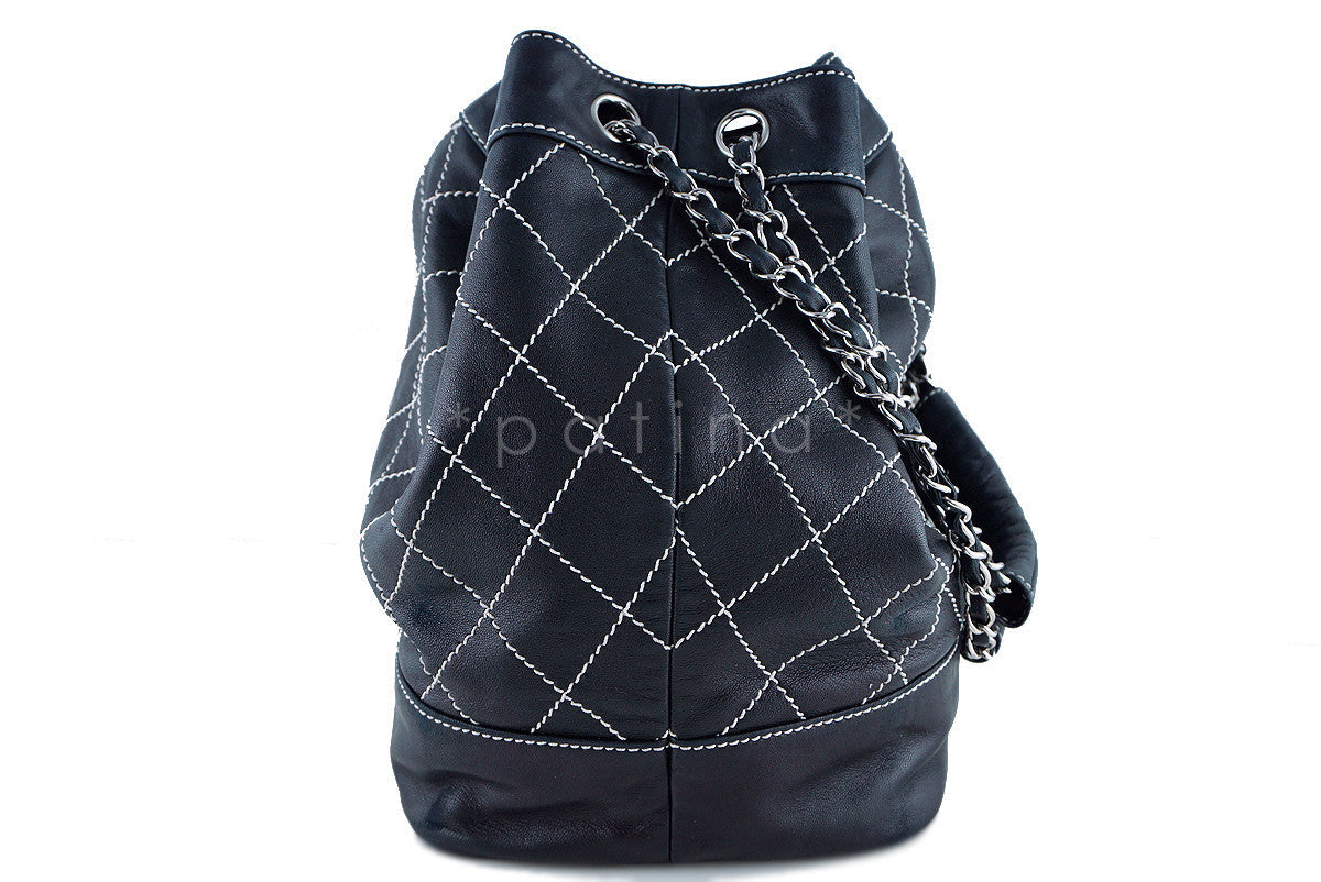 Chanel Black Large Contrast Stitch Quilted Drawstring Bag