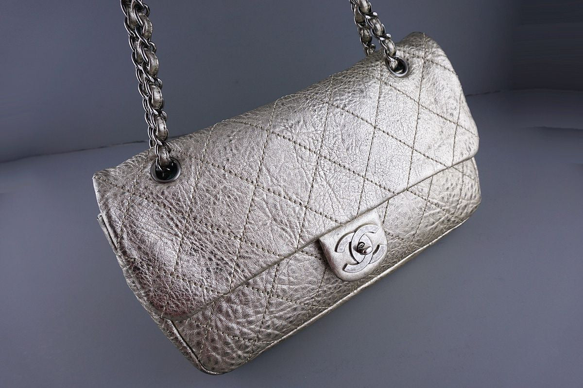 Chanel Pewter Gold Le Marais Pebbled Quilted Classic Jumbo Flap Bag