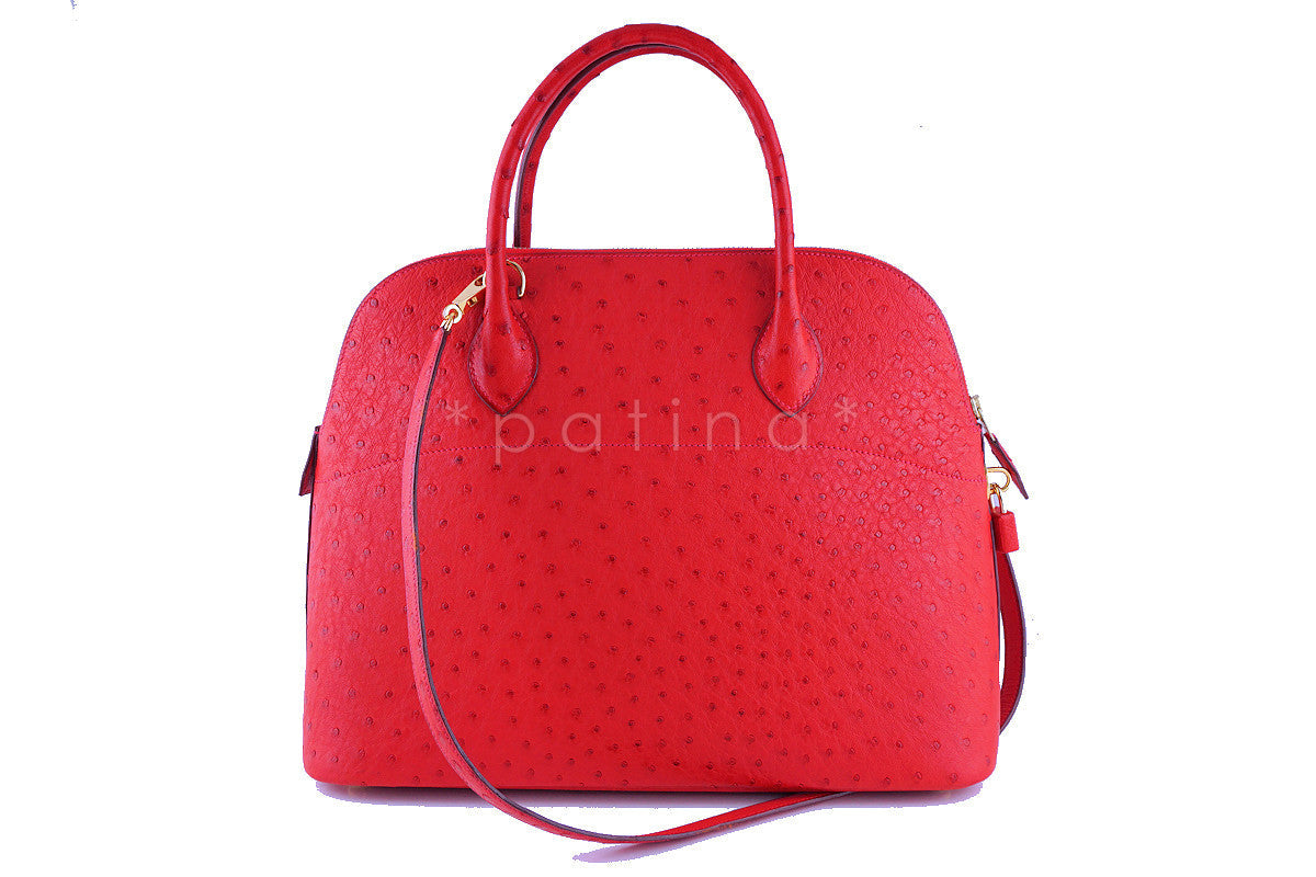 Hermes Ostrich Rouge Garrance 35/37cm Red Bolide Shoulder Tote Bag