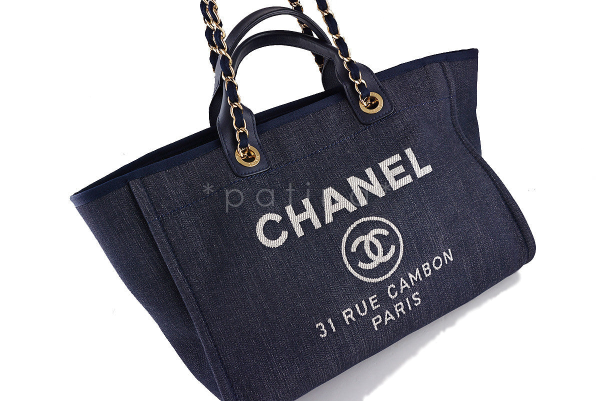 Chanel Dark Blue Deauville GM Denim Two-Way Beach Tote Bag