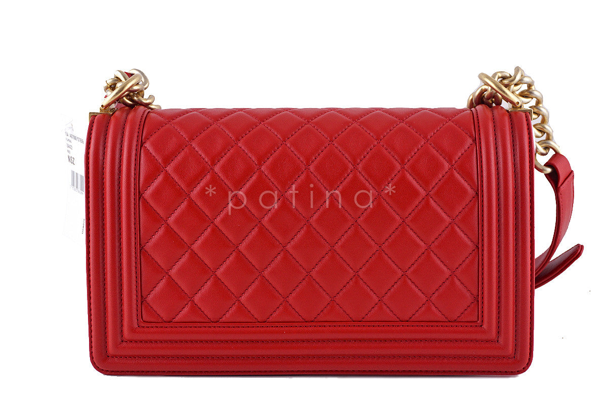 NWT Chanel Red Le Boy Classic Flap Gold GHW, Medium Lambskin Bag