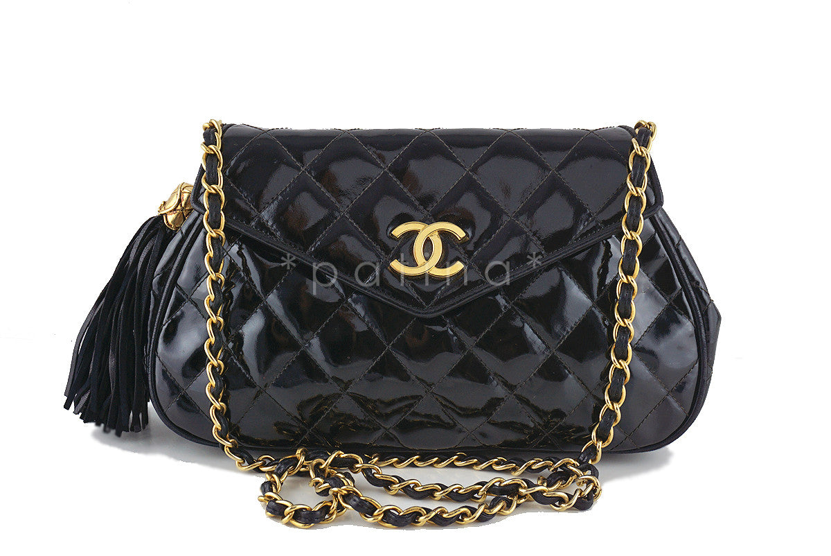 Chanel Black Vintage Patent Angled Classic Flap with Tassel Bag
