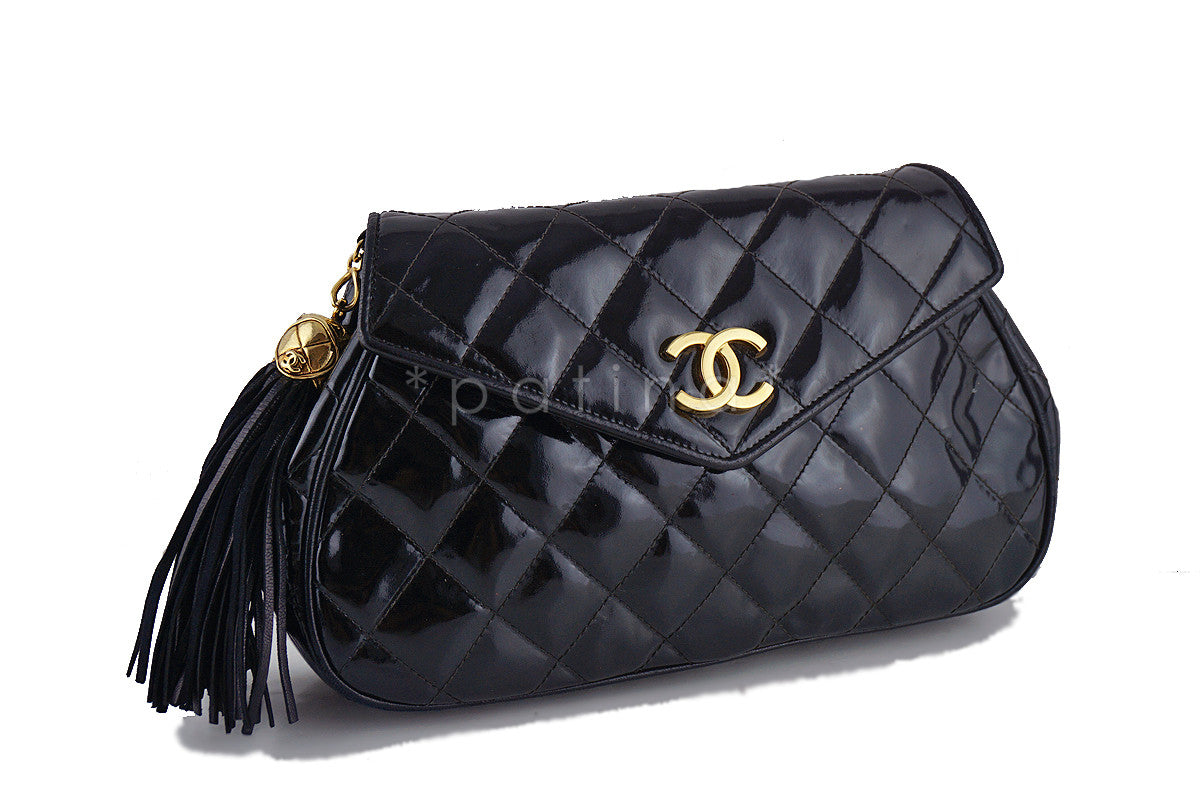 Chanel Black Vintage Patent Angled Classic Flap with Tassel Bag
