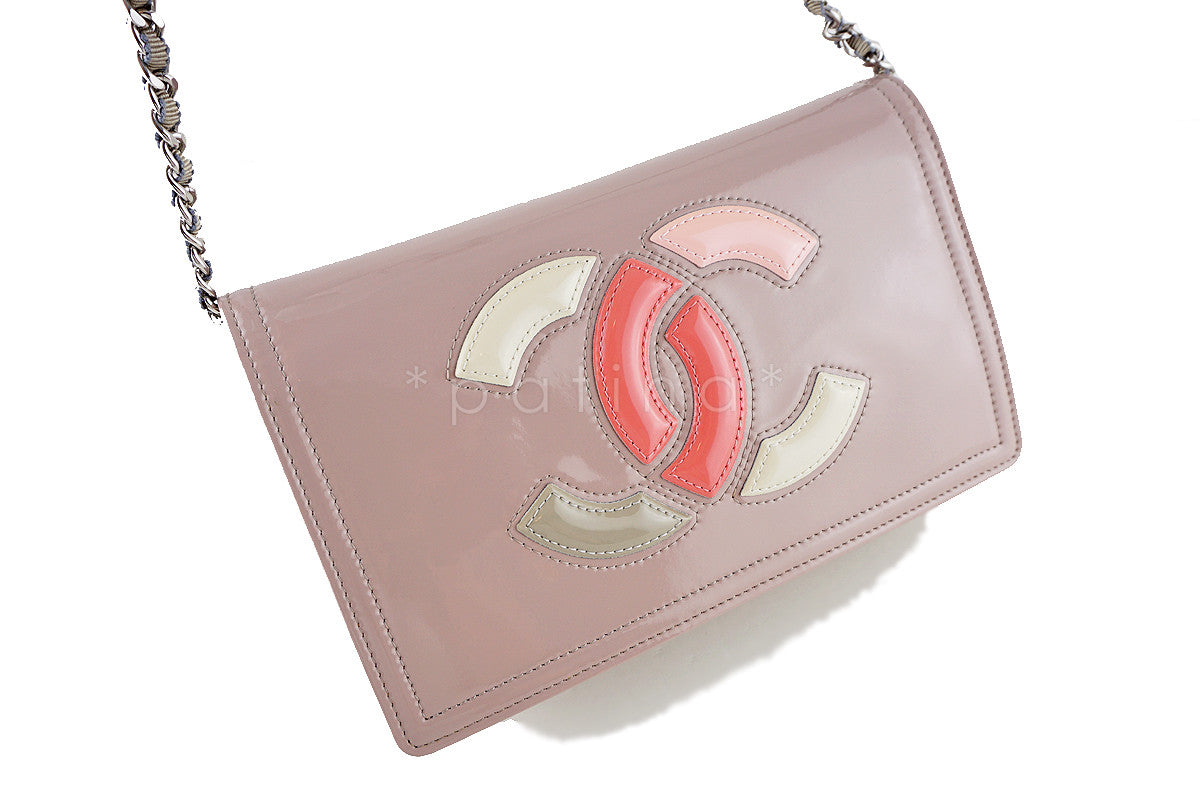 Chanel Patent Lavender Taupe Lipstick Logo Wallet on Chain WOC Bag