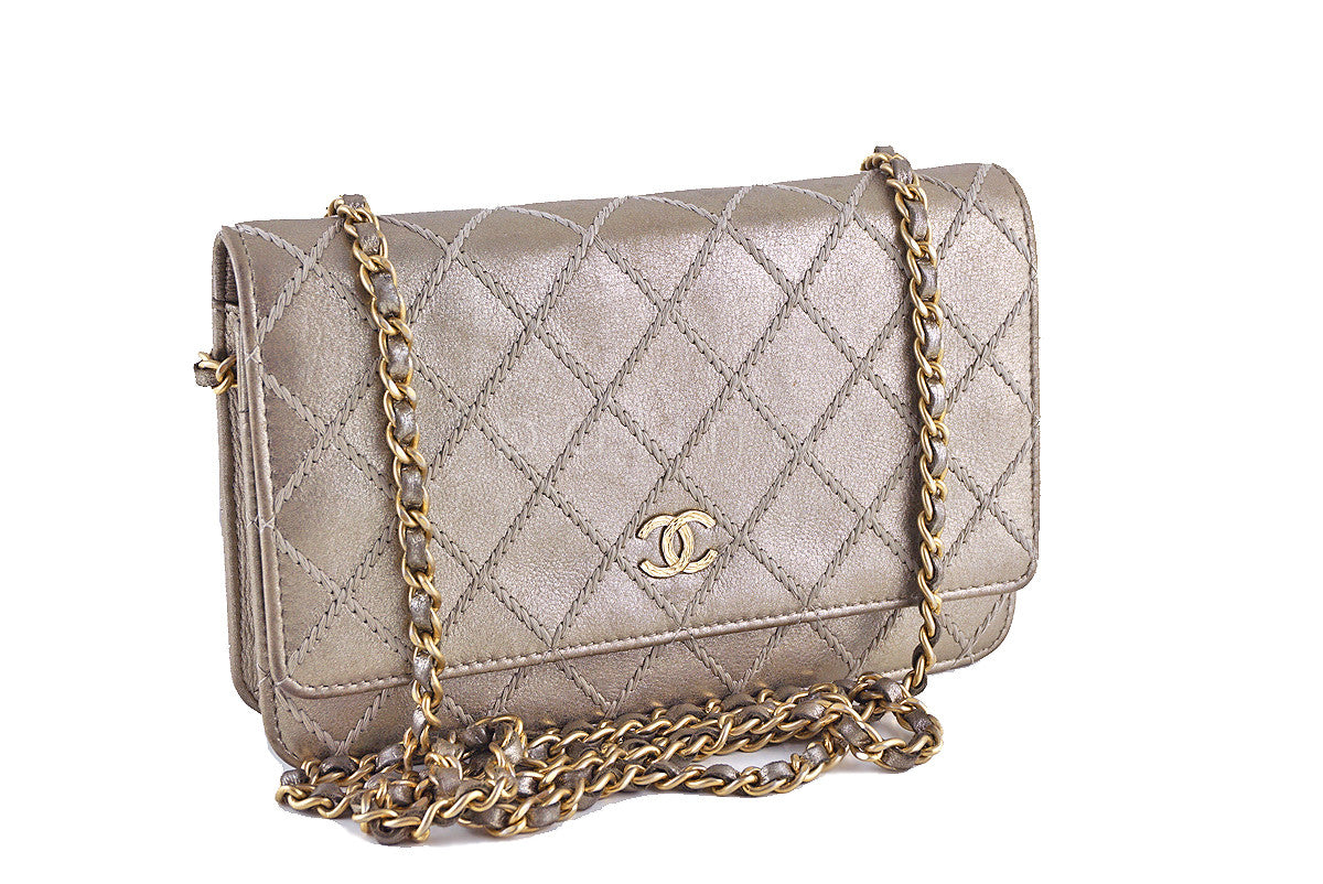 Chanel Pewter Gold Luxury Stitched Metallic WOC Wallet on Chain Bag