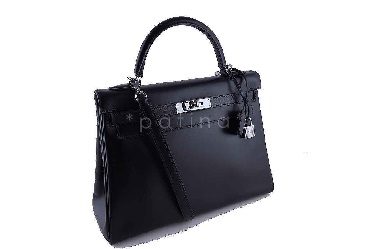 Hermes Black 32cm Box calf Kelly Retourne Bag, Ruthenium HW Rare