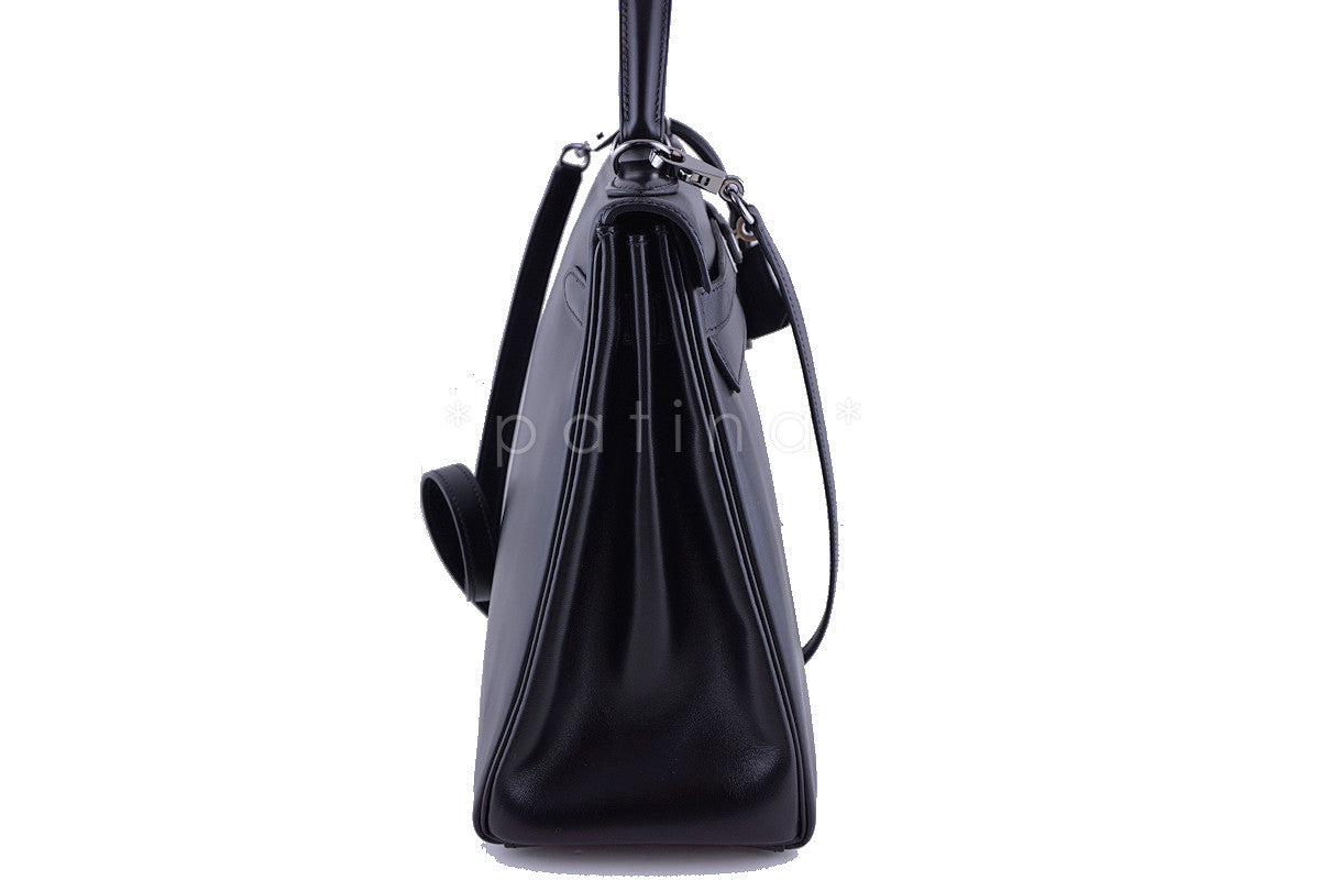 Hermes Black 32cm Box calf Kelly Retourne Bag, Ruthenium HW Rare